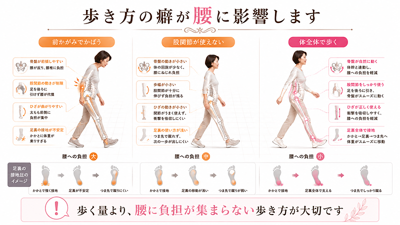 歩き方の癖と腰痛の関係を比較した歩行分析図解です。前かがみでかばう歩き方、股関節が使えない歩き方、体全体で歩く理想的な歩き方を並べ、骨盤・股関節・膝・足裏の使い方が腰への負担に影響することを解説しています。
