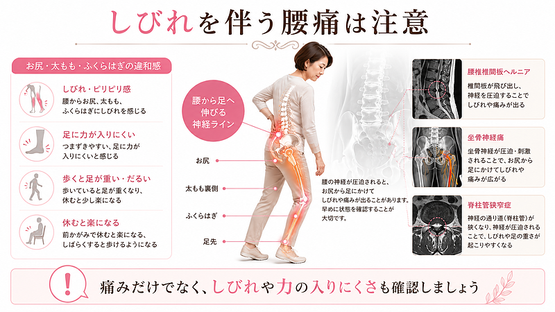 しびれを伴う腰痛で注意したい神経症状をまとめた医学的図解です。腰からお尻、太もも、ふくらはぎへ伸びる神経ラインを示し、坐骨神経痛、腰椎椎間板ヘルニア、脊柱管狭窄症などが関係する可能性をわかりやすく説明しています。