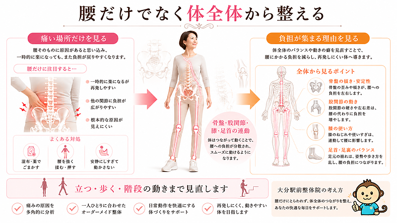 大分駅前整体院が考える、歩くと楽になる腰痛への整体方針を表した図解です。腰だけを見るのではなく、骨盤、股関節、膝、足首、足裏まで体全体の連動を確認し、腰に負担が集まる原因を見直す考え方を紹介しています。