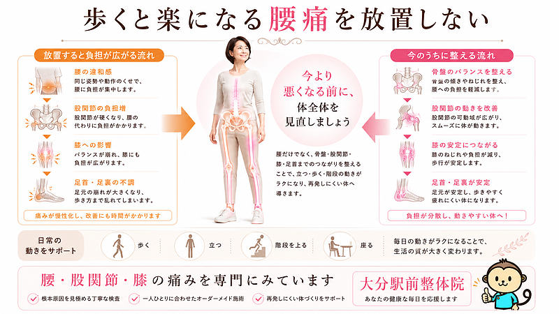 歩くと楽になる腰痛を放置せず、今より悪くなる前に体全体を見直す重要性を伝えるまとめ図解です。腰の違和感から股関節、膝、足首へ負担が広がる流れと、骨盤・股関節・膝・足裏を整えて動きやすい体を目指す流れを比較しています。