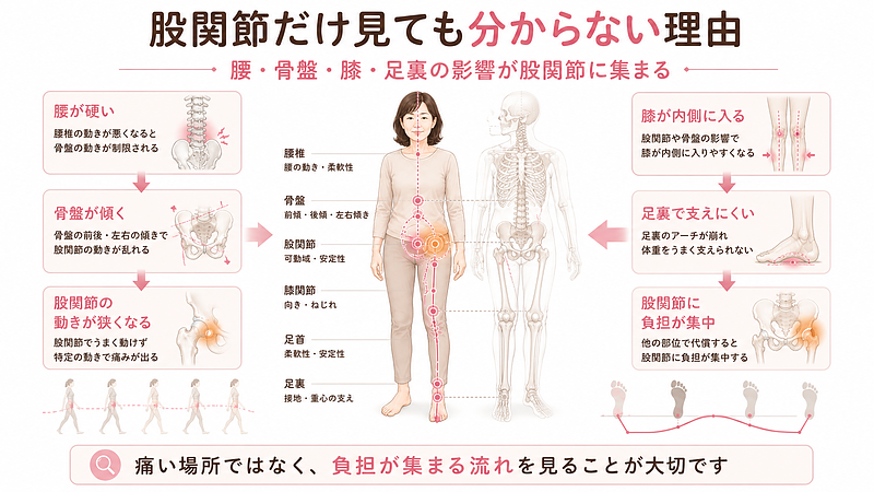 股関節痛は、痛い場所だけを見ても原因が分かりにくいことがあります。腰の硬さ、骨盤の傾き、膝の向き、足裏の接地などが連動して股関節に負担を集めるため、体全体のバランスを見る必要があります。大分駅前整体院が重視する運動連鎖を解説した図解です。 股関節痛は、痛い場所だけを見ても原因が分かりにくいことがあります。腰の硬さ、骨盤の傾き、膝の向き、足裏の接地などが連動して股関節に負担を集めるため、体全体のバランスを見る必要があります。大分駅前整体院が重視する運動連鎖を解説した図解です。