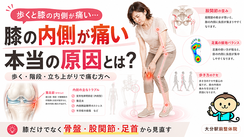 「膝の痛み 内側」という検索キーワードに合わせ、歩く・階段・立ち上がりで膝の内側が痛む方へ向けたサムネイル画像です。膝の内側の痛みを強調しながら、鵞足炎や半月板、靭帯、股関節・足首の影響を医学図解で示し、膝だけでなく骨盤・股関節・足首から見直す必要性を伝えています。 「膝の痛み 内側」という検索キーワードに合わせ、歩く・階段・立ち上がりで膝の内側が痛む方へ向けたサムネイル画像です。膝の内側の痛みを強調しながら、鵞足炎や半月板、靭帯、股関節・足首の影響を医学図解で示し、膝だけでなく骨盤・股関節・足首から見直す必要性を伝えています。