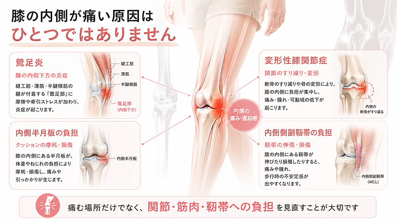 膝の内側が痛くなる原因として、鵞足炎、変形性膝関節症、内側半月板の負担、内側側副靭帯の負担を医学図解で解説した画像です。膝の内側に痛みが出る場合でも、原因はひとつではなく、関節・筋肉・靭帯・半月板など複数の組織に負担が関係していることを分かりやすく示しています。 膝の内側が痛くなる原因として、鵞足炎、変形性膝関節症、内側半月板の負担、内側側副靭帯の負担を医学図解で解説した画像です。膝の内側に痛みが出る場合でも、原因はひとつではなく、関節・筋肉・靭帯・半月板など複数の組織に負担が関係していることを分かりやすく示しています。