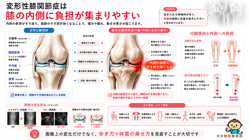 変形性膝関節症で膝の内側に負担が集まりやすい理由を、正常な膝関節との比較で解説した図解です。軟骨のすり減り、半月板の変性、関節のすき間の狭小化、O脚傾向による荷重ラインの乱れなどを示し、画像上の変化だけでなく歩き方や体重の乗せ方を見直す大切さを伝えています。 変形性膝関節症で膝の内側に負担が集まりやすい理由を、正常な膝関節との比較で解説した図解です。軟骨のすり減り、半月板の変性、関節のすき間の狭小化、O脚傾向による荷重ラインの乱れなどを示し、画像上の変化だけでなく歩き方や体重の乗せ方を見直す大切さを伝えています。