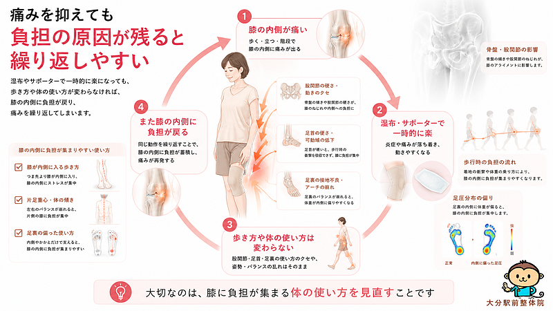 湿布やサポーターで膝の内側の痛みが一時的に楽になっても、歩き方や体の使い方が変わらないと痛みを繰り返しやすいことを解説した図解です。股関節・足首・足裏から膝の内側へ負担が戻る流れをループで表現し、再発予防には膝だけでなく体全体のバランスを見直す必要があることを示しています。 湿布やサポーターで膝の内側の痛みが一時的に楽になっても、歩き方や体の使い方が変わらないと痛みを繰り返しやすいことを解説した図解です。股関節・足首・足裏から膝の内側へ負担が戻る流れをループで表現し、再発予防には膝だけでなく体全体のバランスを見直す必要があることを示しています。