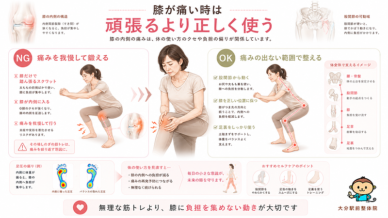 膝の内側が痛い時に、痛みを我慢して無理に鍛えるのではなく、痛みの出ない範囲で体を正しく使うことの大切さを解説した図解です。NG例として膝だけで踏ん張るスクワット、OK例として股関節・足首・足裏を使いながら膝への負担を分散する動きを比較し、安全なセルフケアの考え方を伝えています。 膝の内側が痛い時に、痛みを我慢して無理に鍛えるのではなく、痛みの出ない範囲で体を正しく使うことの大切さを解説した図解です。NG例として膝だけで踏ん張るスクワット、OK例として股関節・足首・足裏を使いながら膝への負担を分散する動きを比較し、安全なセルフケアの考え方を伝えています。