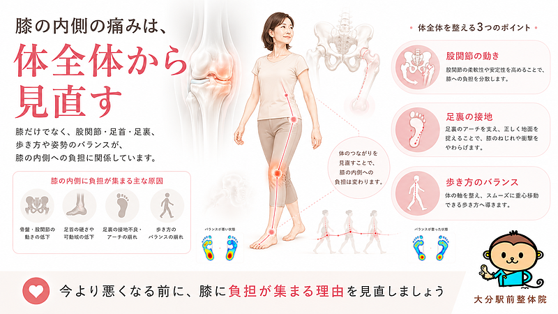 膝の内側の痛みを、膝だけでなく骨盤・股関節・足首・足裏・歩き方のつながりから見直す重要性をまとめた図解です。姿勢や歩行バランス、足裏の接地、股関節の動きが膝への負担に関係することを示し、今より悪くなる前に体全体の使い方を整える必要性を分かりやすく伝えています。 膝の内側の痛みを、膝だけでなく骨盤・股関節・足首・足裏・歩き方のつながりから見直す重要性をまとめた図解です。姿勢や歩行バランス、足裏の接地、股関節の動きが膝への負担に関係することを示し、今より悪くなる前に体全体の使い方を整える必要性を分かりやすく伝えています。