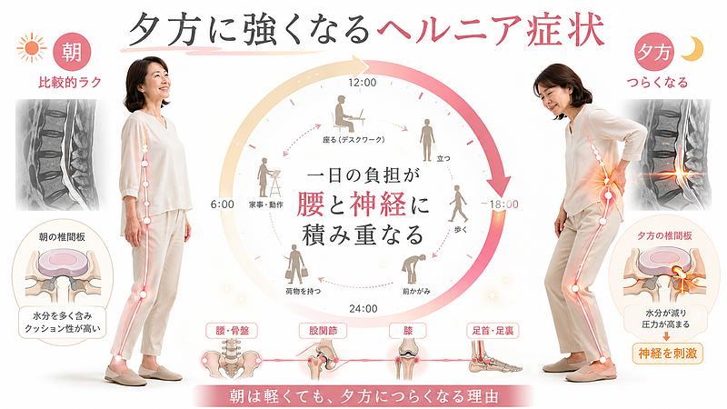 朝は比較的楽でも、夕方になると腰やお尻、太ももにかけてヘルニア症状が強くなる理由を図解した画像です。一日の座る・立つ・歩く・前かがみ動作による負担が腰椎や神経に積み重なり、夕方の痛みやしびれにつながる流れをわかりやすく表しています。 朝は比較的楽でも、夕方になると腰やお尻、太ももにかけてヘルニア症状が強くなる理由を図解した画像です。一日の座る・立つ・歩く・前かがみ動作による負担が腰椎や神経に積み重なり、夕方の痛みやしびれにつながる流れをわかりやすく表しています。