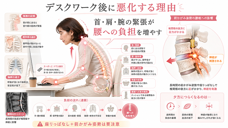 長時間のデスクワークによって、首・肩・腕・胸郭・体幹の緊張が腰への負担を増やす仕組みを解説した図解です。座りっぱなしや前かがみ姿勢が続くことで骨盤や腰椎に圧がかかり、夕方にヘルニア症状が強くなる原因を視覚的に示しています。 長時間のデスクワークによって、首・肩・腕・胸郭・体幹の緊張が腰への負担を増やす仕組みを解説した図解です。座りっぱなしや前かがみ姿勢が続くことで骨盤や腰椎に圧がかかり、夕方にヘルニア症状が強くなる原因を視覚的に示しています。