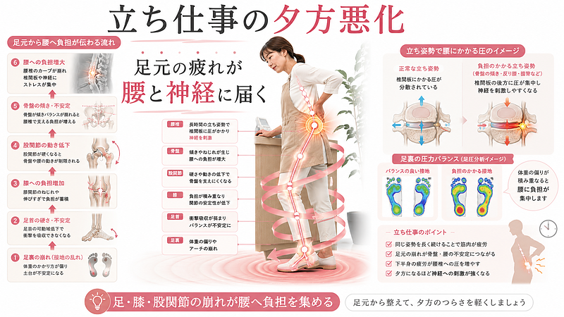 立ち仕事による足裏・足首・膝・股関節の疲労が、骨盤や腰椎へ負担として伝わる流れを表した図解です。足元の崩れが腰や神経へのストレスにつながり、夕方になるほど腰痛やしびれが強くなる理由を専門的にわかりやすく説明しています。 立ち仕事による足裏・足首・膝・股関節の疲労が、骨盤や腰椎へ負担として伝わる流れを表した図解です。足元の崩れが腰や神経へのストレスにつながり、夕方になるほど腰痛やしびれが強くなる理由を専門的にわかりやすく説明しています。