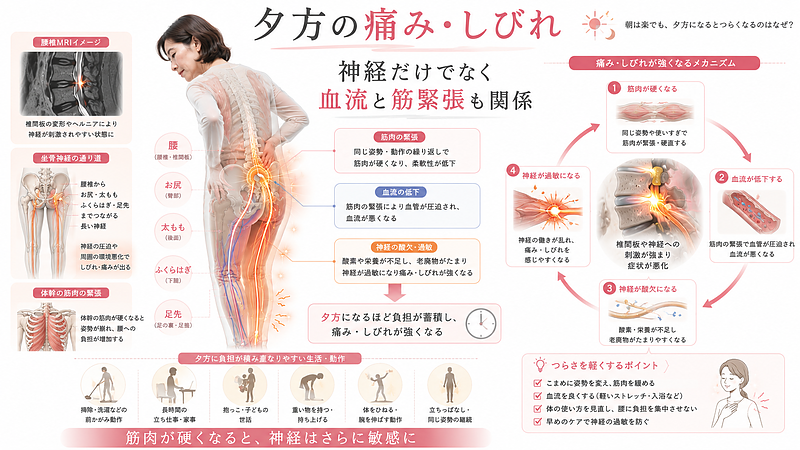 夕方の痛みやしびれが、神経圧迫だけでなく筋肉の緊張や血流低下、神経の酸欠とも関係することを解説した医学図解です。腰からお尻、太もも、ふくらはぎへ伸びる神経ラインを示し、筋肉が硬くなることで症状が強まりやすい仕組みを表しています。 夕方の痛みやしびれが、神経圧迫だけでなく筋肉の緊張や血流低下、神経の酸欠とも関係することを解説した医学図解です。腰からお尻、太もも、ふくらはぎへ伸びる神経ラインを示し、筋肉が硬くなることで症状が強まりやすい仕組みを表しています。