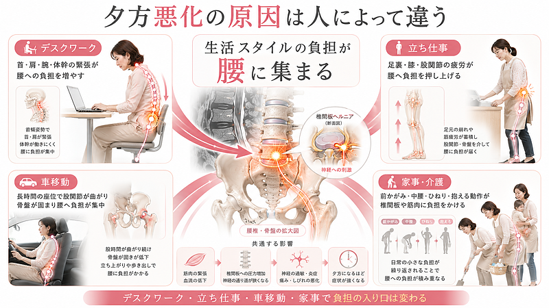デスクワーク、立ち仕事、車移動、家事・介護など、生活スタイルによって腰へ負担が集まるパターンが異なることをまとめた図解です。夕方にヘルニア症状が悪化する原因を、首・肩・腕、足元、股関節、前かがみ動作など複数の視点から説明しています。 デスクワーク、立ち仕事、車移動、家事・介護など、生活スタイルによって腰へ負担が集まるパターンが異なることをまとめた図解です。夕方にヘルニア症状が悪化する原因を、首・肩・腕、足元、股関節、前かがみ動作など複数の視点から説明しています。