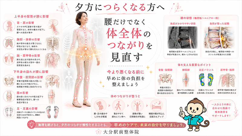 朝より夕方に強くなるヘルニア症状に対して、腰だけでなく首・肩・腕・体幹・骨盤・股関節・膝・足まで体全体のつながりを見直す重要性をまとめた図解です。今より悪くなる前に、体の負担のかかり方を整える必要性を伝えるまとめ画像です。 朝より夕方に強くなるヘルニア症状に対して、腰だけでなく首・肩・腕・体幹・骨盤・股関節・膝・足まで体全体のつながりを見直す重要性をまとめた図解です。今より悪くなる前に、体の負担のかかり方を整える必要性を伝えるまとめ画像です。