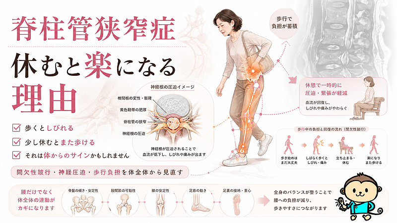 脊柱管狭窄症で「休むと楽になる理由」をテーマにしたマイベストプロ記事用サムネイル画像です。歩くと腰からお尻・太もも・ふくらはぎにしびれが出て、少し休むとまた歩ける状態を、間欠性跛行・神経根の圧迫・歩行負担の観点から視覚的に表現しています。腰だけでなく骨盤・股関節・膝・足首・足裏まで含めて体全体から見直す必要性が伝わる構成です。 脊柱管狭窄症で「休むと楽になる理由」をテーマにしたマイベストプロ記事用サムネイル画像です。歩くと腰からお尻・太もも・ふくらはぎにしびれが出て、少し休むとまた歩ける状態を、間欠性跛行・神経根の圧迫・歩行負担の観点から視覚的に表現しています。腰だけでなく骨盤・股関節・膝・足首・足裏まで含めて体全体から見直す必要性が伝わる構成です。