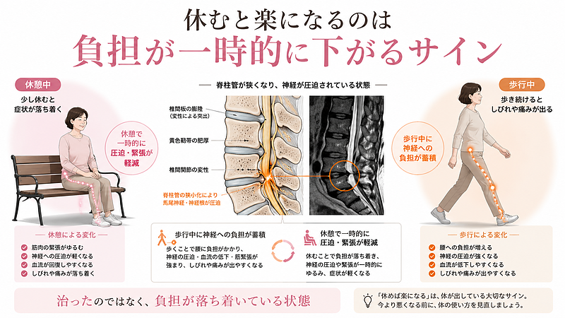 脊柱管狭窄症で「休むと楽になる」理由を、腰椎MRI風画像と脊柱管の医学図解を用いて説明した画像です。歩行中に神経根や馬尾神経まわりへ負担が蓄積し、腰からお尻・太もも・ふくらはぎへしびれや痛みが出やすくなる流れを表現しています。休憩によって一時的に圧迫や筋緊張が軽減し、症状が落ち着くイメージを視覚化しています。 脊柱管狭窄症で「休むと楽になる」理由を、腰椎MRI風画像と脊柱管の医学図解を用いて説明した画像です。歩行中に神経根や馬尾神経まわりへ負担が蓄積し、腰からお尻・太もも・ふくらはぎへしびれや痛みが出やすくなる流れを表現しています。休憩によって一時的に圧迫や筋緊張が軽減し、症状が落ち着くイメージを視覚化しています。