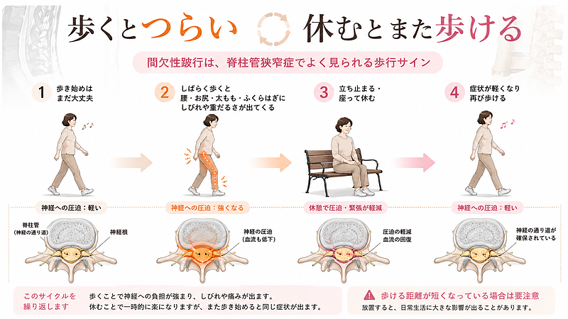 脊柱管狭窄症でよく見られる「歩くとしびれて、休むとまた歩ける」間欠性跛行の流れをタイムラインで示した図解です。歩き始めは大丈夫でも、歩行を続けることで腰・お尻・太もも・ふくらはぎにしびれや重だるさが出て、休憩後に再び歩けるようになる仕組みをわかりやすく表現しています。 脊柱管狭窄症でよく見られる「歩くとしびれて、休むとまた歩ける」間欠性跛行の流れをタイムラインで示した図解です。歩き始めは大丈夫でも、歩行を続けることで腰・お尻・太もも・ふくらはぎにしびれや重だるさが出て、休憩後に再び歩けるようになる仕組みをわかりやすく表現しています。