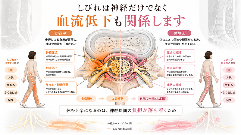 脊柱管狭窄症によるしびれや痛みが、神経圧迫だけでなく神経周囲の血流低下とも関係することを説明した医学図解です。歩行中は神経や血管への負担が強まり、休憩後は圧迫や緊張が一時的に軽減して血流が回復しやすくなる流れを、腰椎断面図としびれの神経ルートで表現しています。 脊柱管狭窄症によるしびれや痛みが、神経圧迫だけでなく神経周囲の血流低下とも関係することを説明した医学図解です。歩行中は神経や血管への負担が強まり、休憩後は圧迫や緊張が一時的に軽減して血流が回復しやすくなる流れを、腰椎断面図としびれの神経ルートで表現しています。