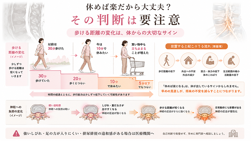 脊柱管狭窄症で「休めば楽になるから大丈夫」と考えて放置した場合に、歩ける距離が短くなる可能性を説明した注意喚起型の図解です。以前は30分歩けた状態から、10分で休みたくなる、買い物中も立ち止まるといった変化を通して、歩行距離の低下や外出不安、筋力低下、生活範囲の縮小につながるリスクを示しています。 脊柱管狭窄症で「休めば楽になるから大丈夫」と考えて放置した場合に、歩ける距離が短くなる可能性を説明した注意喚起型の図解です。以前は30分歩けた状態から、10分で休みたくなる、買い物中も立ち止まるといった変化を通して、歩行距離の低下や外出不安、筋力低下、生活範囲の縮小につながるリスクを示しています。