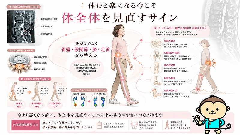 脊柱管狭窄症で休むと楽になる方に向けて、今より悪くなる前に腰だけでなく体全体を見直す大切さを伝えるまとめ図解です。腰椎MRI風画像、脊柱管の横断面図、骨盤・股関節・膝・足首・足裏の医学図解を組み合わせ、歩行時の負担を全身のつながりから整える考え方を表現しています。 脊柱管狭窄症で休むと楽になる方に向けて、今より悪くなる前に腰だけでなく体全体を見直す大切さを伝えるまとめ図解です。腰椎MRI風画像、脊柱管の横断面図、骨盤・股関節・膝・足首・足裏の医学図解を組み合わせ、歩行時の負担を全身のつながりから整える考え方を表現しています。