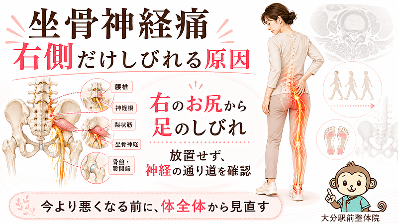 「坐骨神経痛 右側だけ」という症状に対して、右のお尻から足にかけてしびれが出る原因を視覚的にまとめたサムネイル画像です。腰椎、神経根、梨状筋、坐骨神経、骨盤・股関節のつながりを示し、神経の通り道を確認する重要性を伝えています。