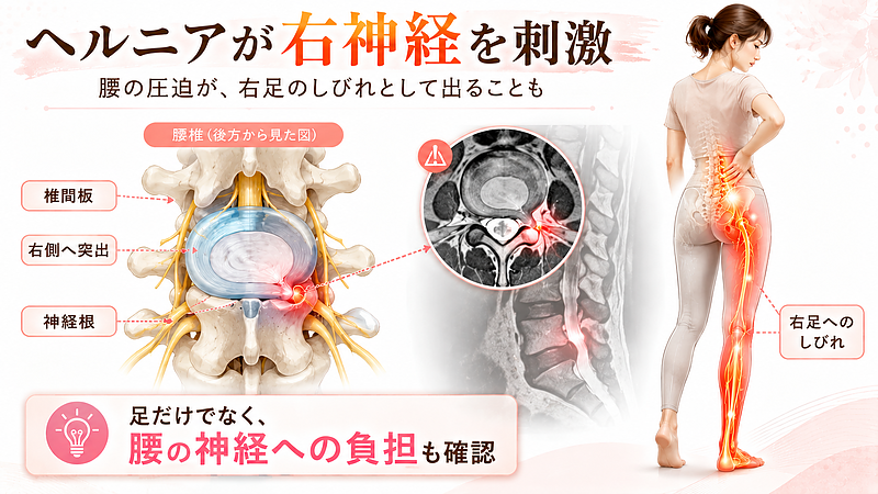 腰椎椎間板ヘルニアによって神経根が刺激され、右のお尻から足にかけてしびれが出る仕組みを示した医学図解です。腰の圧迫が足の症状として現れる流れを、腰椎・椎間板・神経根の位置関係から解説しています。