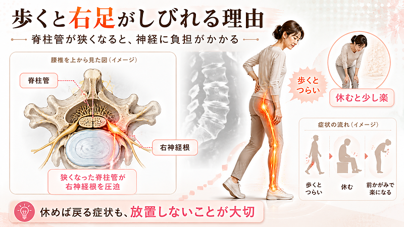 脊柱管狭窄症によって神経の通り道が狭くなり、右のお尻から足にしびれが出る理由を示した図解です。歩くとつらくなり、休むと少し楽になる症状の背景を、脊柱管と神経への負担から分かりやすく表現しています。
