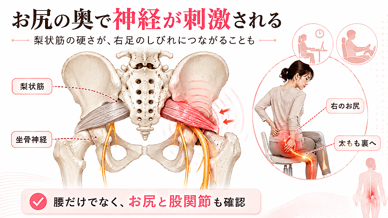 梨状筋の硬さによって坐骨神経が刺激され、右のお尻から太もも裏にしびれが出る仕組みを示した図解です。腰だけでなく、お尻の奥の筋肉や股関節周囲の使い方が坐骨神経痛に関係することを説明しています。
