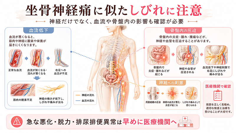 坐骨神経痛に似た右側のしびれに、血流障害や骨盤内の影響が関係する可能性を示した注意喚起の図解です。急な悪化、脱力、排尿排便異常などがある場合は、早めに医療機関で確認する必要があることを伝えています。