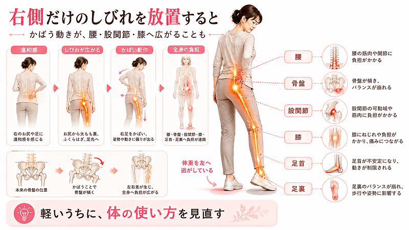 右側だけのしびれを放置することで、かばう動きが腰・骨盤・股関節・膝・足首へ広がる流れを示した図解です。坐骨神経痛を早い段階で見直す重要性と、体全体のバランスを見る必要性を表現しています。