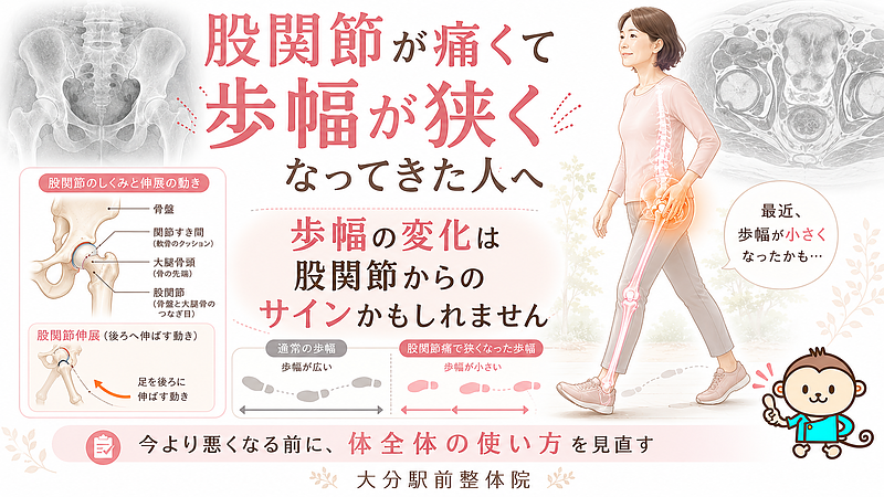 「股関節が痛くて歩幅が狭くなってきた人へ」というテーマを伝えるマイベストプロ記事用サムネイル画像です。股関節痛による歩幅の変化、骨盤・股関節の医学図解、レントゲン風イラストを組み合わせ、早めに体全体の使い方を見直す重要性を表現しています。 「股関節が痛くて歩幅が狭くなってきた人へ」というテーマを伝えるマイベストプロ記事用サムネイル画像です。股関節痛による歩幅の変化、骨盤・股関節の医学図解、レントゲン風イラストを組み合わせ、早めに体全体の使い方を見直す重要性を表現しています。