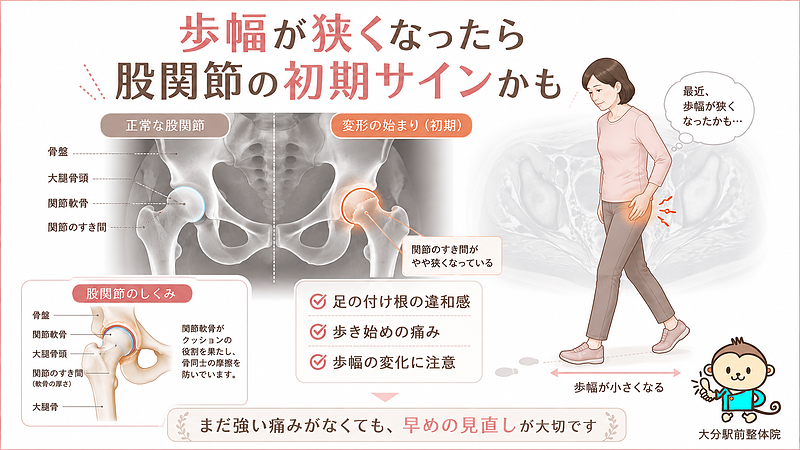 歩幅が狭くなる症状と変形性股関節症の初期サインの関係を解説した図解画像です。股関節の関節すき間や軟骨、大腿骨頭の位置を示しながら、足の付け根の違和感や歩き始めの痛みに早めに気づく重要性を伝えています。 歩幅が狭くなる症状と変形性股関節症の初期サインの関係を解説した図解画像です。股関節の関節すき間や軟骨、大腿骨頭の位置を示しながら、足の付け根の違和感や歩き始めの痛みに早めに気づく重要性を伝えています。