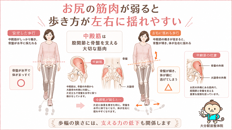 中殿筋の低下によって骨盤が安定しにくくなり、歩行時に体が左右へ揺れやすくなる理由を解説した図解画像です。股関節と骨盤を支えるお尻の筋肉の役割を示し、歩幅の狭さと支える力の関係を伝えています。 中殿筋の低下によって骨盤が安定しにくくなり、歩行時に体が左右へ揺れやすくなる理由を解説した図解画像です。股関節と骨盤を支えるお尻の筋肉の役割を示し、歩幅の狭さと支える力の関係を伝えています。