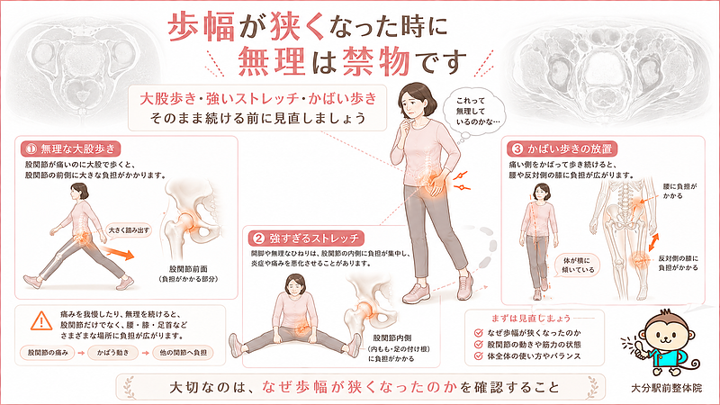 股関節痛で歩幅が狭くなってきた時に避けたい行動を解説した注意喚起用の図解画像です。無理な大股歩き、強すぎるストレッチ、かばい歩きの放置によって股関節や腰、膝へ負担が広がる可能性を伝えています。 股関節痛で歩幅が狭くなってきた時に避けたい行動を解説した注意喚起用の図解画像です。無理な大股歩き、強すぎるストレッチ、かばい歩きの放置によって股関節や腰、膝へ負担が広がる可能性を伝えています。