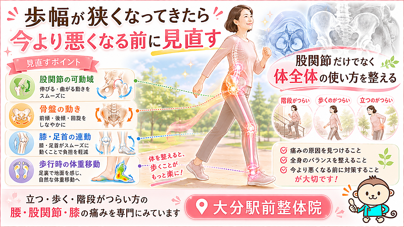 股関節が痛くて歩幅が狭くなってきた人に向けて、今より悪くなる前に体全体の使い方を見直す大切さをまとめた図解画像です。股関節の可動域、骨盤の動き、膝・足首の連動、歩行時の体重移動を分かりやすく整理しています。 股関節が痛くて歩幅が狭くなってきた人に向けて、今より悪くなる前に体全体の使い方を見直す大切さをまとめた図解画像です。股関節の可動域、骨盤の動き、膝・足首の連動、歩行時の体重移動を分かりやすく整理しています。