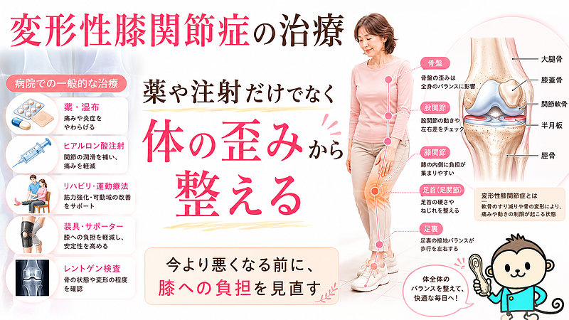 変形性膝関節症の治療について、薬や注射だけでなく体の歪みから膝への負担を見直す大切さを伝えるサムネイル画像です。病院での一般的な治療と、整体院で見る骨盤・股関節・足首・足裏のつながりをわかりやすく表現しています。