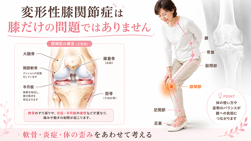 変形性膝関節症は、膝の軟骨のすり減りだけでなく、炎症、半月板への負担、骨盤や股関節、足首、足裏の使い方も関係します。膝関節の医学図解と全身の連動を示し、膝に負担が集まる理由をわかりやすく解説した画像です。