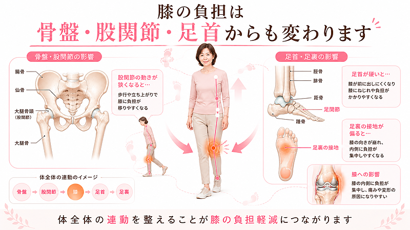 膝の痛みは膝だけでなく、骨盤、股関節、足首、足裏の動きやバランスの影響を受けます。変形性膝関節症で膝の内側に負担が集まりやすい理由を、運動連鎖と医学図解でわかりやすく示した画像です。