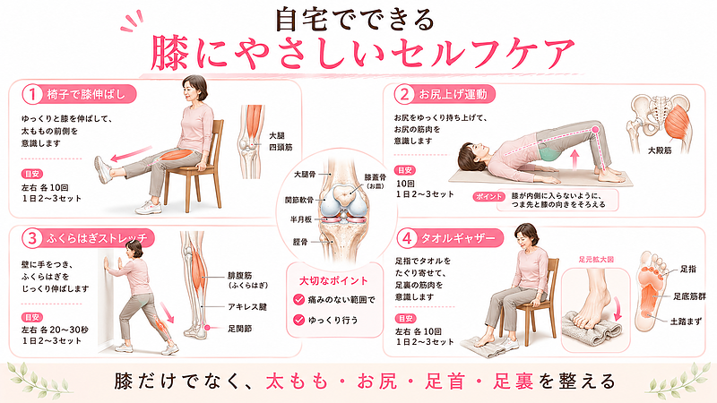 変形性膝関節症のセルフケアとして、椅子で膝伸ばし、お尻上げ運動、ふくらはぎストレッチ、タオルギャザーを紹介した実践図解です。膝だけでなく、太もも、お尻、足首、足裏を整えることで、膝への負担軽減を目指す画像です。