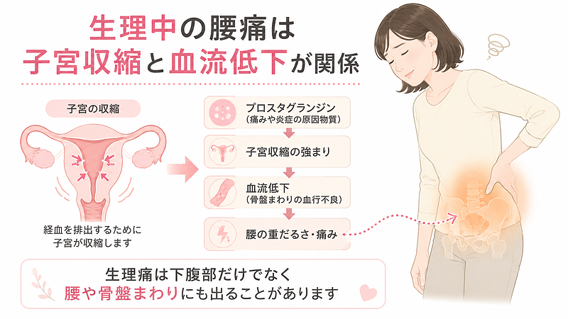 生理中の腰痛がひどくなる主な原因を、プロスタグランジンによる子宮収縮、血流低下、腰の重だるさの流れで解説した医学図解です。生理痛と腰痛の関係を、子宮と骨盤まわりのつながりからわかりやすく示しています。