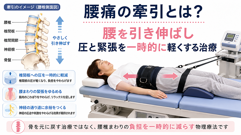 腰痛に対する腰椎牽引の基本的な仕組みを解説した図解画像です。牽引ベッドで腰をやさしく引き伸ばすことで、椎間板への圧を一時的に軽減し、腰まわりの筋緊張や神経への刺激を和らげる可能性があることを示しています。腰痛で牽引治療を検討している方が、牽引は骨を元に戻す治療ではなく、腰椎まわりの負担を一時的に軽くする物理療法であることを理解しやすい内容です。