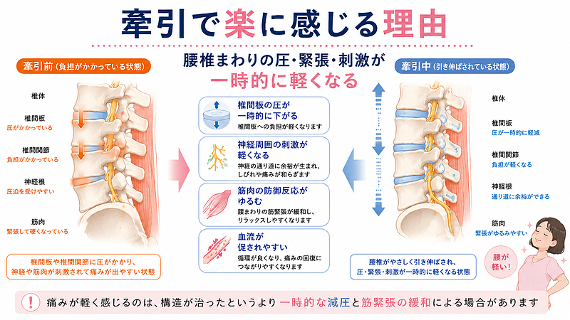 腰椎牽引によって腰痛が一時的に楽に感じる理由を、牽引前と牽引中の比較で解説した医学図解画像です。椎間板の圧が下がること、神経根周囲の刺激が軽くなること、腰まわりの筋肉の防御反応がゆるむこと、血流が促されやすくなることを視覚的に整理しています。腰痛牽引の効果を、単なる感覚ではなく椎間板・椎間関節・神経・筋肉の変化として理解できる画像です。