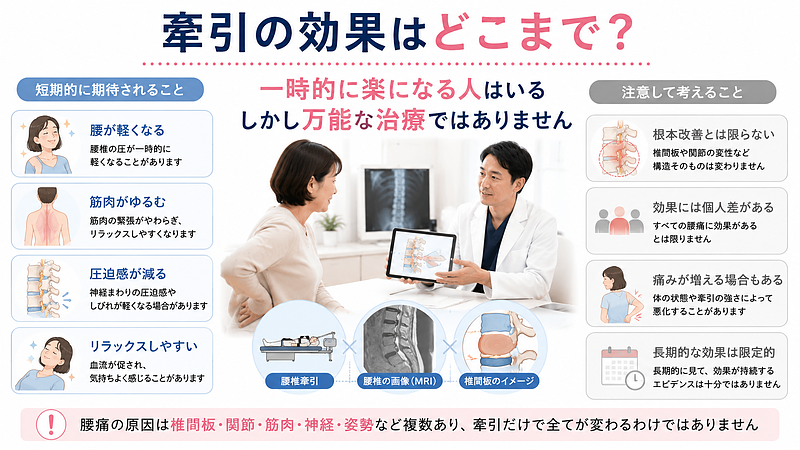 腰痛に対する牽引の効果について、短期的に期待できることと注意して考えるべき点を整理した解説画像です。牽引により腰が軽く感じる、筋肉がゆるむ、圧迫感が減る場合がある一方で、根本改善とは限らず、効果には個人差があることを示しています。腰痛の原因は椎間板・関節・筋肉・神経・姿勢など複数関係するため、牽引だけですべての腰痛が改善するわけではないことを伝える図解です。