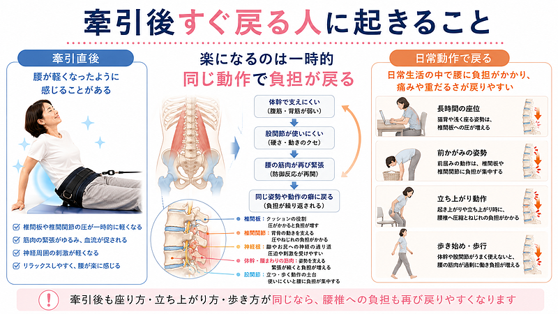 牽引直後は腰が軽く感じても、長時間の座位、前かがみ、立ち上がり、歩き始めなどの日常動作で同じ負担が再び腰椎にかかることを解説した図解画像です。体幹で支えにくい、股関節が使いにくい、腰の筋肉が再び緊張するなど、牽引後に腰痛が戻りやすい背景を視覚的に整理しています。腰痛牽引の効果が一時的になりやすい理由を、生活動作と腰椎負担の関係から説明する画像です。