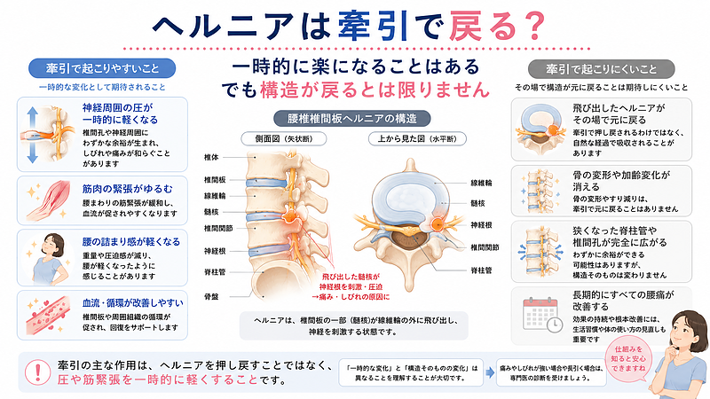 腰椎椎間板ヘルニアに対する牽引の作用と限界を解説した医学図解画像です。牽引によって神経周囲の圧が一時的に軽くなる、筋肉がゆるむ、腰の詰まり感が軽くなる可能性はありますが、飛び出したヘルニアがその場で元に戻るわけではないことを示しています。腰痛や坐骨神経痛で牽引を受ける際に、構造そのものが戻る治療ではなく、一時的な減圧や筋緊張の緩和が主な作用であることを理解しやすい画像です。