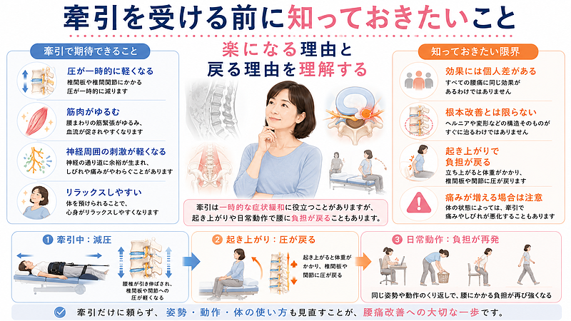 腰痛で牽引を受ける前に知っておきたいポイントをまとめた総括図解画像です。牽引で期待できる一時的な減圧、筋緊張の緩和、神経周囲の刺激軽減、リラックス効果と、効果の個人差、根本改善とは限らないこと、起き上がりや日常動作で負担が戻ることを整理しています。牽引は一時的な症状緩和に役立つ場合がありますが、腰痛改善には楽になる理由と戻る理由の両方を理解することが大切だと伝える画像です。