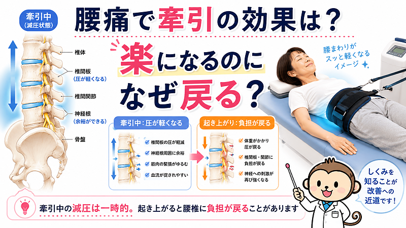 腰痛で牽引治療を受けたときに一時的に楽になる理由と、牽引後に起き上がると症状が元に戻りやすい理由を解説したマイベストプロ記事用サムネイル画像です。腰椎牽引によって椎間板や椎間関節への圧が一時的に軽くなり、神経周囲の刺激や腰まわりの筋緊張が和らぐ可能性がある一方で、起き上がりや立位、歩行によって再び腰椎に体重負荷がかかることを医学図解で示しています。「腰痛 牽引 効果」「牽引しても元に戻る理由」「牽引後に腰痛が戻る原因」を知りたい方に向けて、牽引の効果と限界をわかりやすく伝える画像です。
