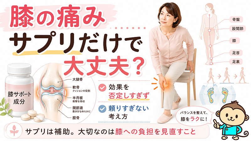 「膝の痛み サプリだけで大丈夫？」をテーマにしたマイベストプロ記事用サムネイル画像です。膝の違和感を感じる40〜50代女性、サプリメント、膝関節の医学図解、体全体のバランスを組み合わせ、サプリは補助であり膝への負担を見直すことが重要だと一目で伝わる構成にしています。膝の痛みや変形性膝関節症が気になる方に向けて、サプリの効果と正しい考え方をわかりやすく示した画像です。