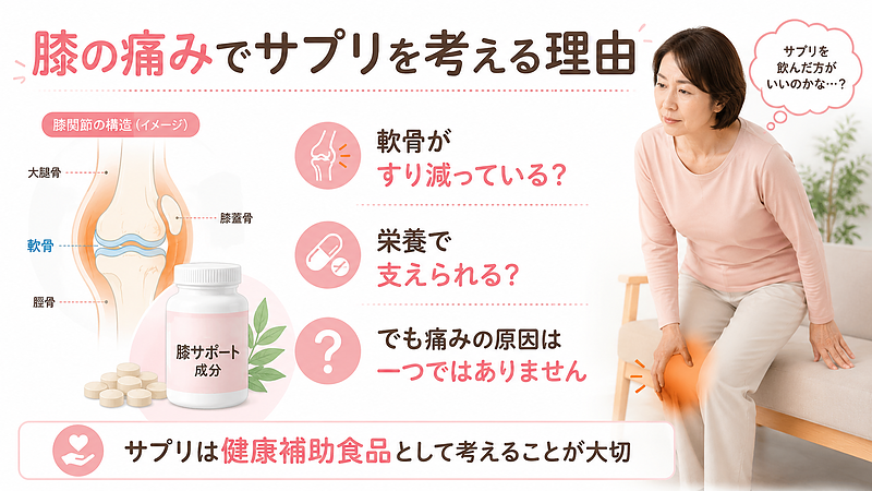 膝の痛みを感じたときに、サプリメントを検討する理由をわかりやすく示した図解画像です。立ち上がり時に膝の違和感を感じる40〜50代女性、膝関節の構造、サプリメントのイメージを組み合わせ、軟骨のすり減りや栄養補助への関心が高まりやすい背景を表現しています。膝の痛みはサプリだけで判断するのではなく、関節の状態や日常動作、体への負担も含めて考えることが大切です。