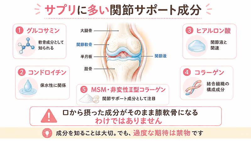 膝の痛みや関節の違和感に関連して紹介されることが多い、グルコサミン、コンドロイチン、ヒアルロン酸、コラーゲン、MSM・非変性Ⅱ型コラーゲンなどの成分を整理した図解画像です。膝関節の構造と合わせて、各成分がどのような働きで知られているのかを視覚的に解説しています。サプリは健康補助食品であり、摂取した成分がそのまま膝軟骨になるわけではないという注意点も伝えています。