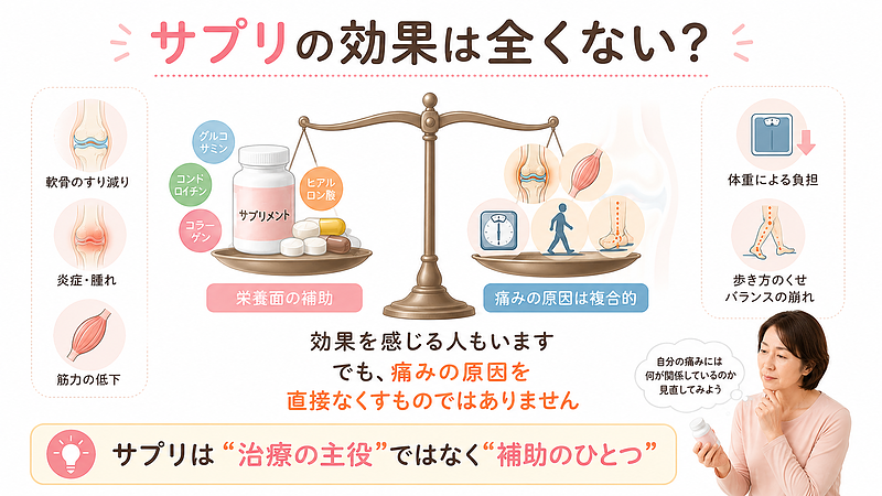 膝の痛みに対するサプリメントの効果について、過度に否定も肯定もしない現実的な考え方を示した比較図解です。サプリは栄養面の補助として役立つ可能性がある一方で、膝の痛みには軟骨のすり減り、炎症、筋力低下、体重負担、歩き方の乱れなど複数の要因が関係します。サプリは治療の主役ではなく、膝への負担を見直すための補助のひとつとして考えることが大切です。